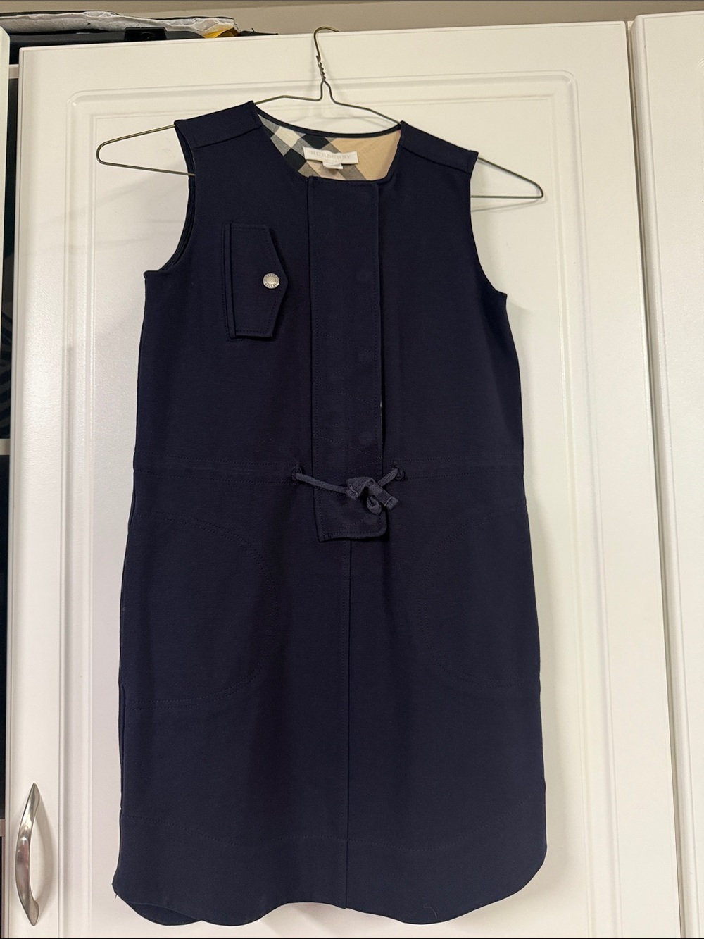 Burberry Navy Sleeveless Shift Dress with Tie and Pocket Flap